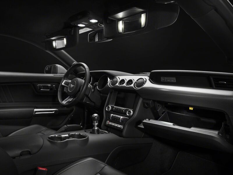 Raxiom Ford Mustang Axial Series Stage 1 interior LED lighting kit in cool white, installed inside the vehicle cabin.