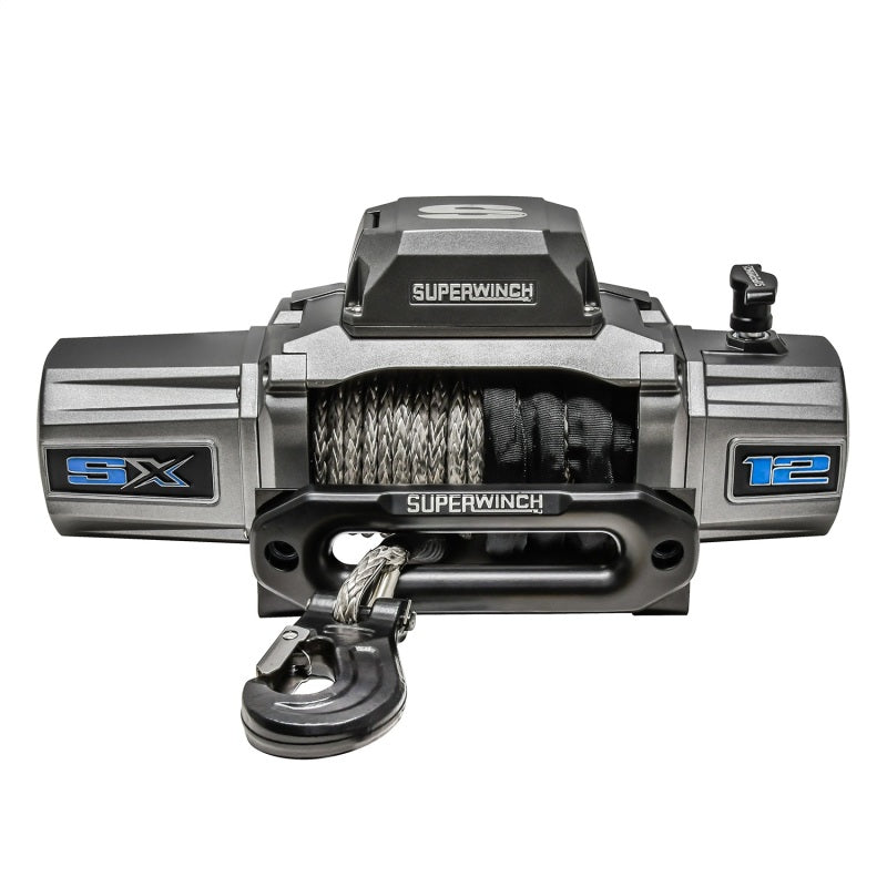 Superwinch 12000 LBS 12V DC synthetic rope winch with 3/8 inch x 80 ft graphite rope for off-road recovery.