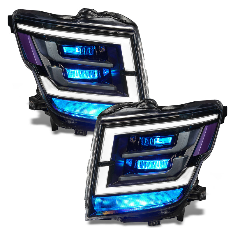 Oracle Lighting RGB Demon Eye headlights upgrade kit for Nissan Titan 21-22 with ColorSHIFT, without controller, featuring vibrant LED illumination.