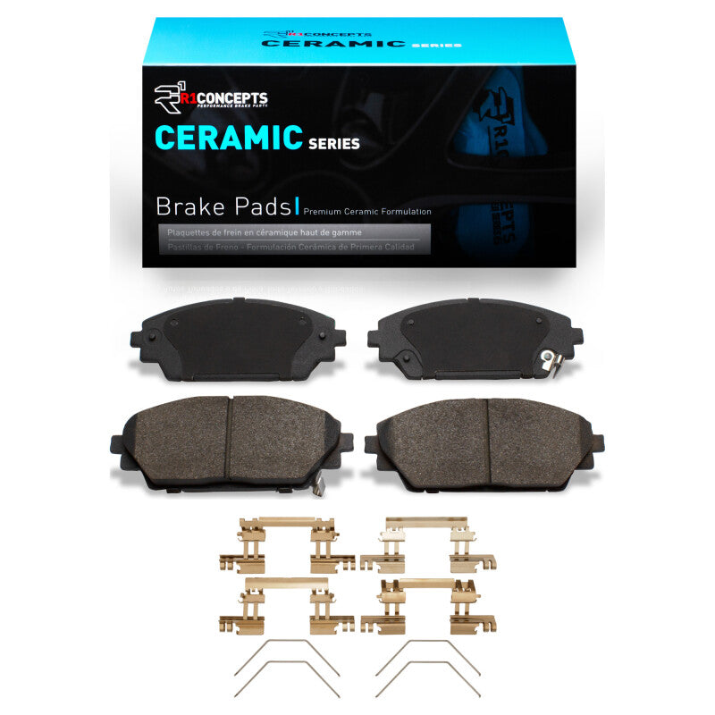 R1 Concepts Mazda 3 2014-2025 front ceramic brake pads and hardware kit, OE quality, shown with hardware components.
