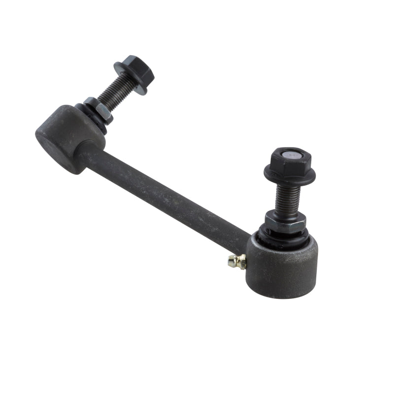 Moog front left sway bar endlink for 2017-2019 Volvo S90, close-up of the metal sway bar link with rubber bushings.