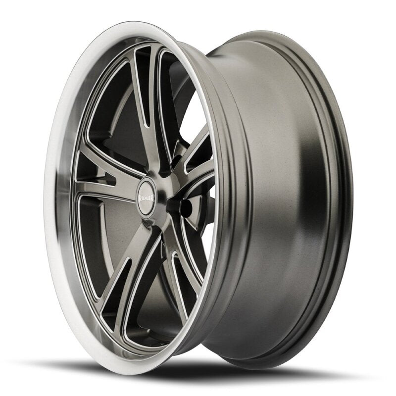 Ridler 610 cast wheel, 17x8 inches, 5x120.65 bolt pattern, gloss grey with polished finish, 0mm offset, 83.82mm hub.