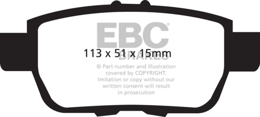 EBC Redstuff rear brake pads for Acura TL 3.5, high-performance brake pads with red friction material and metal backing plate.
