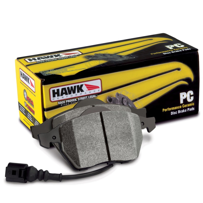 Hawk Performance ceramic street brake pads with black backing plates and detailed product markings for high-performance braking.