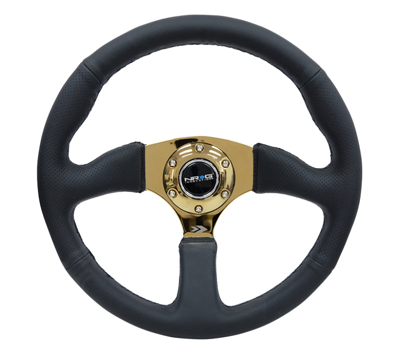 NRG reinforced leather race steering wheel with 350mm diameter, deep dish design, gold spokes, and comfort grip for racing cars.