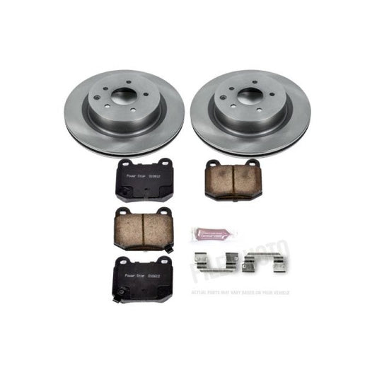 PowerStop OE rear brake kit for Infiniti G35 2003-2004, including brake pads and rotors, installed on the vehicle's rear axle.