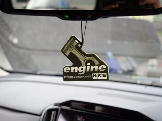 HKS Air Freshener Engine set with three marketing-themed engine-shaped air fresheners, featuring detailed brand logos and design.