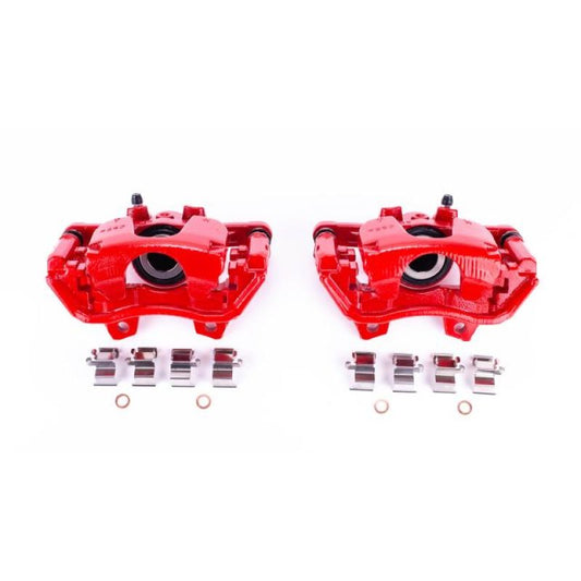 Pair of PowerStop 2018 Jeep Wrangler rear red brake calipers with brackets, performance brake components for enhanced stopping power.
