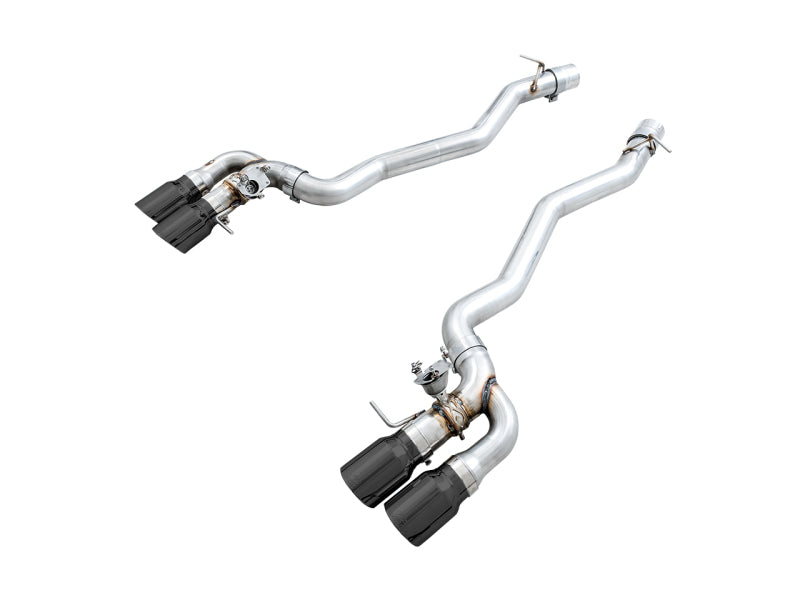 AWE Tuning 18-19 BMW M5 F90 4.4T AWD switchpath axle-back exhaust with diamond black tips, shown from the rear.