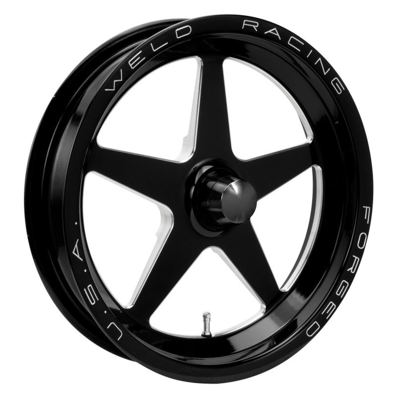 Weld Alumastar Frontrunner forged wheel, 17x3.5 inches, gloss black milled finish, with Anglia spindle and 0 BS, non-BL wheel.