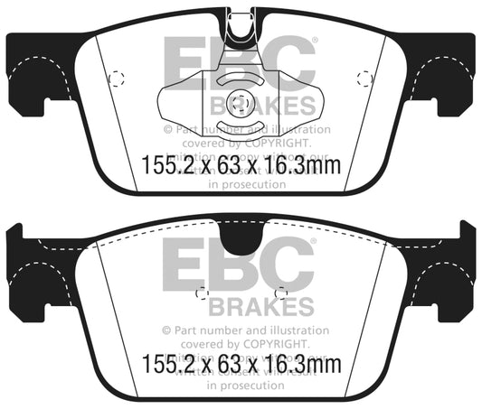 EBC 2017+ Volvo S90 2.0L Turbo Greenstuff front brake pads, performance brake pads with green friction material, installed on vehicle