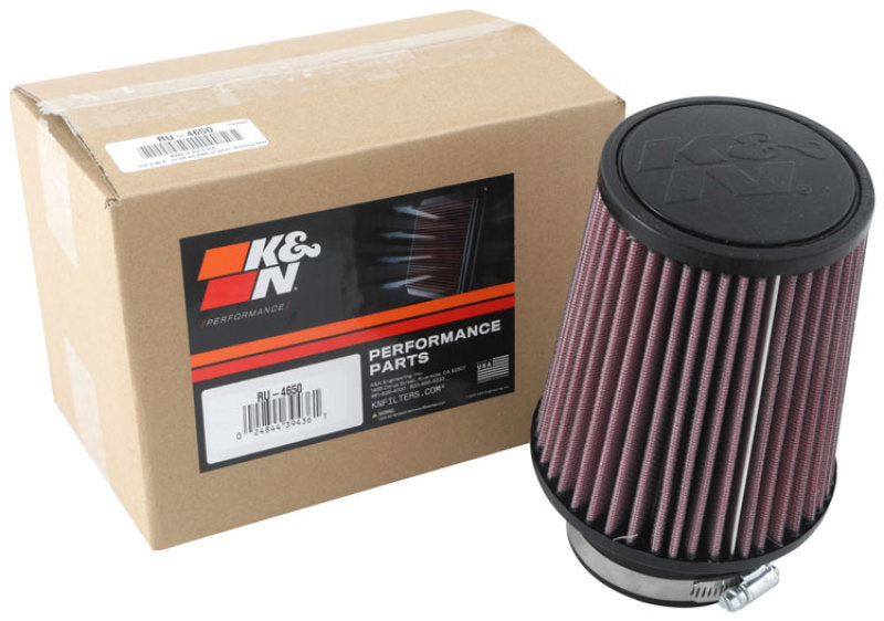 K&N Engineering universal clamp-on air filter with 3-inch flange, 5-inch base, 4-inch top, and 6-inch height for engine air intake