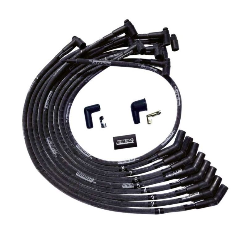 Moroso BBC Over Valve Cover 135 Deg Plug HEI Spark Plug Wire Set in black, designed for high-performance V8 engines.