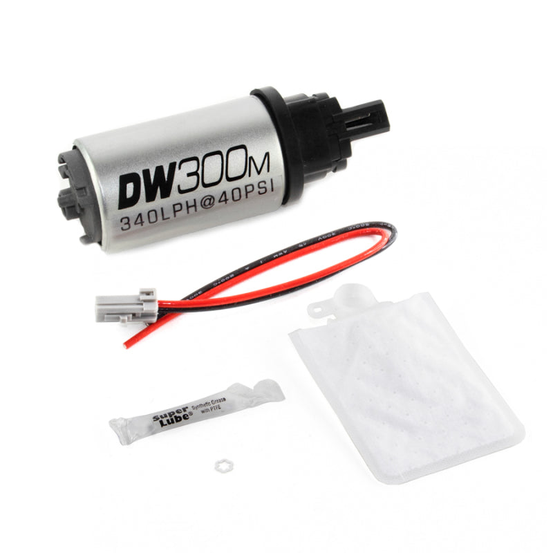 DeatschWerks DW300M 340 LPH Ford in-tank fuel pump with install kit for 99-04 Mustang V6 and V8 shown in image.