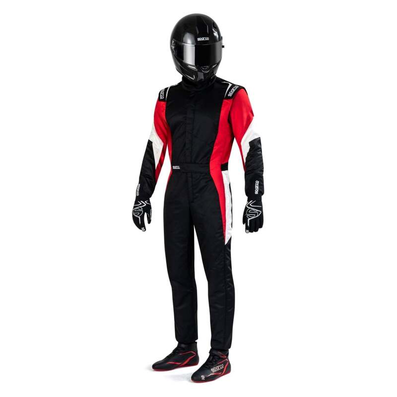 Black and red Sparco racing suit for competition, featuring durable fabric and racing design, ideal for motorsport drivers.