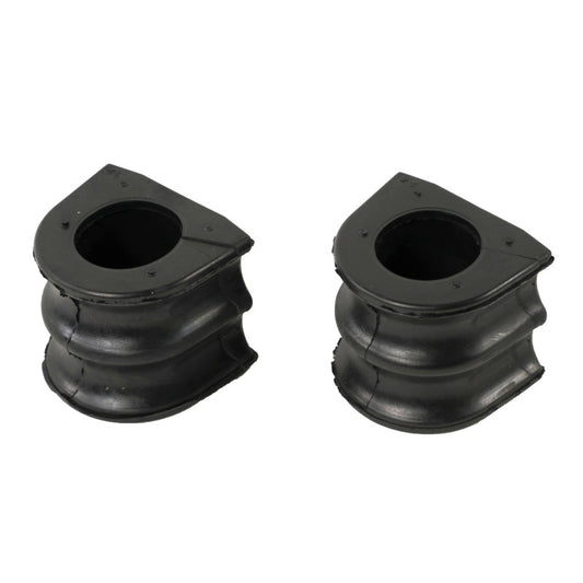 Moog Nissan Titan front to frame sway bar bushings installed on the vehicle, showing the rubber components and metal brackets.