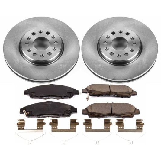 PowerStop OE brake kit for 2017-2018 GMC Acadia front brakes, includes rotors and pads for enhanced stopping power.