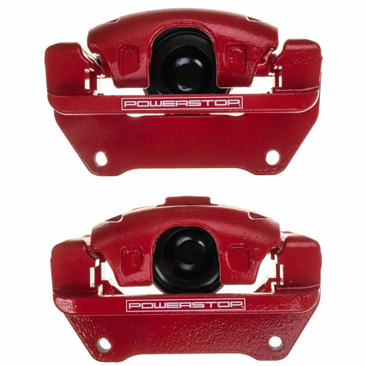 Pair of PowerStop red front brake calipers with brackets for Jeep Wrangler JK 2007-2018, performance upgrade for enhanced braking.