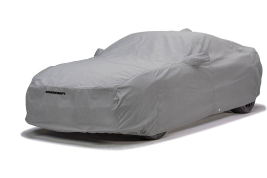 Gray Covercraft custom car cover for 2020-2025 Ford Mustang, 5-layer softback all-weather protection.