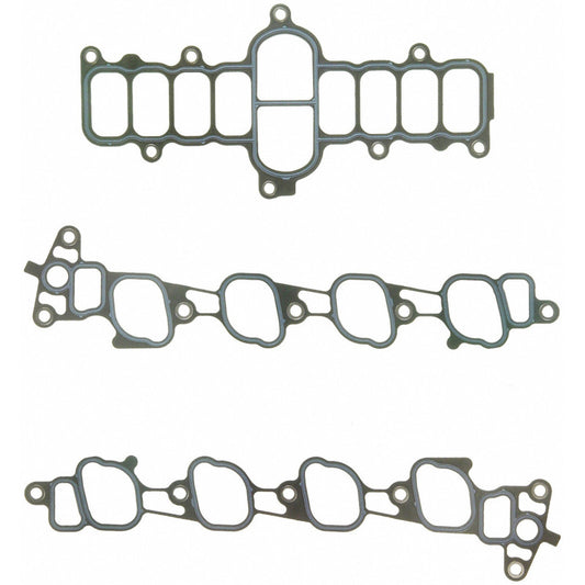 Fel-Pro Ford F-150 engine intake manifold gasket set showing new gaskets installed on engine for sealing intake manifold.