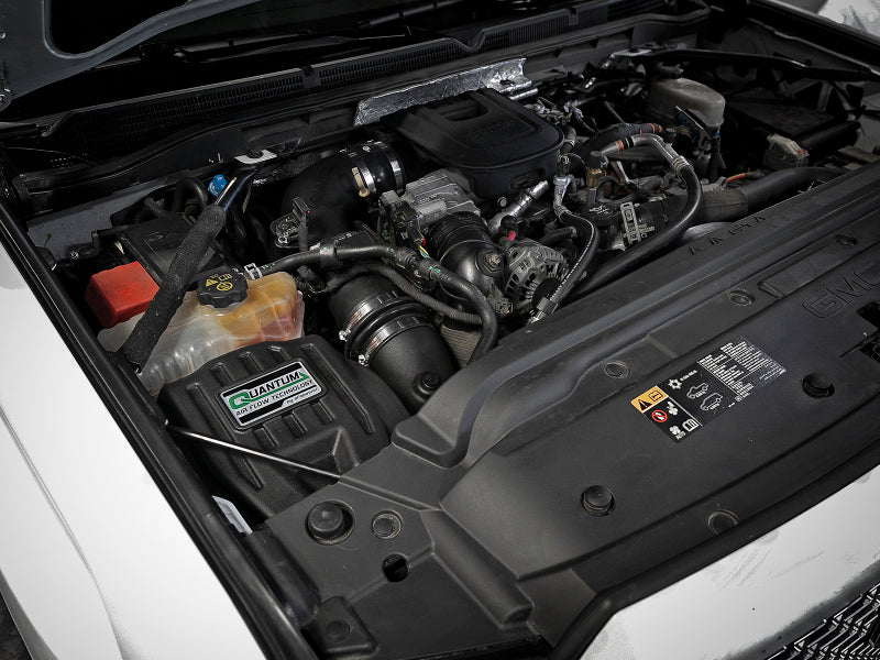 aFe Quantum Pro DRY S cold air intake system for 2011-2016 Chevy Duramax V8 6.6L LML engine, showing the intake components and filter.
