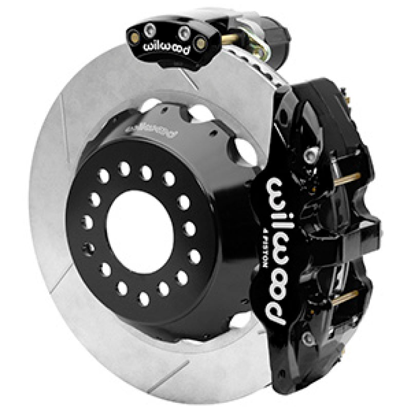 Wilwood AERO4 big brake rear electronic parking brake kit with black powder-coated caliper and SLT rotor, automotive brake system.