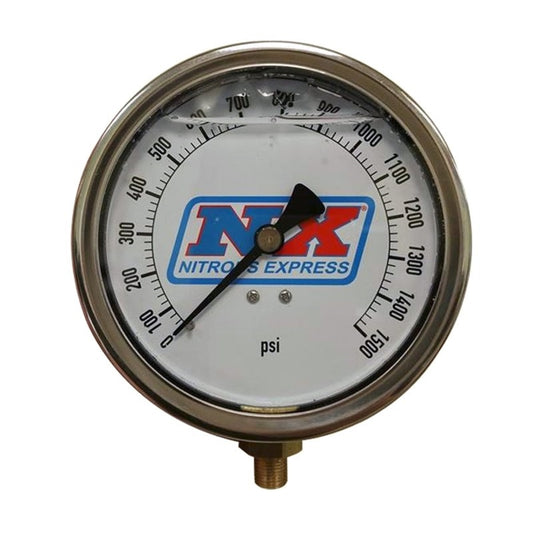 Nitrous Express 4-inch high accuracy nitrous pressure gauge showing detailed dial and needle for precise readings
