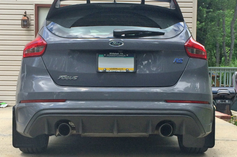Rally Armor black mud flaps with blue logo for 2012-2019 Ford Focus ST and RS models, made of durable rubber material.