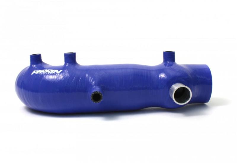 Blue Perrin Performance turbo inlet hose for Subaru WRX, STI, and Forester XT engine air box, made of durable rubber and silicone.