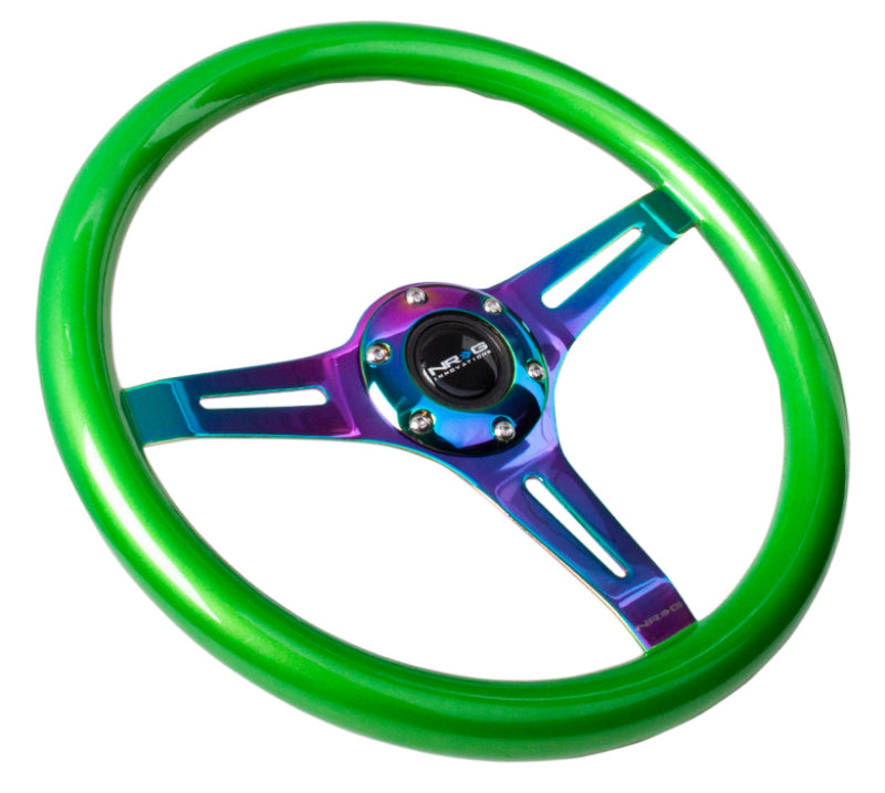 NRG Classic Wood Grain Steering Wheel with green pearl flake paint and neochrome 3-spoke center, 350mm diameter.