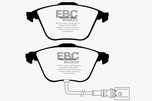 EBC Redstuff performance front brake pads for 2008-2011 Volkswagen CC 3.6, showing the red brake pad material and clips