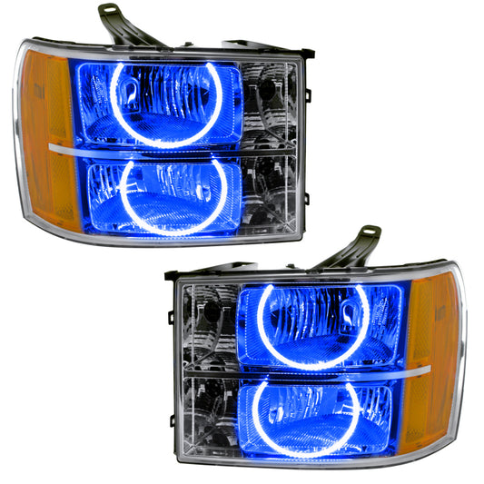 Oracle Lighting blue LED halo headlights for 2007-2013 GMC Sierra, pre-assembled, bright and stylish automotive lighting.