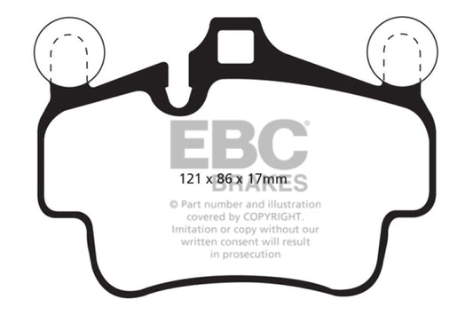 EBC front brake pads for Porsche 911 997 3.6 Carrera 2, Redstuff performance cast iron rotor brake pads, close-up view