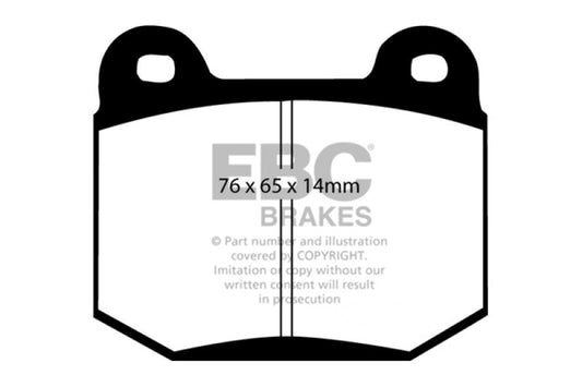 EBC Redstuff rear brake pads for Mitsubishi Lancer Evolution 2.0 Turbo, performance brake pads, shown installed on vehicle.