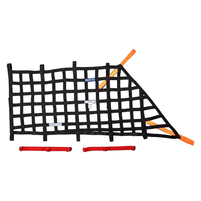 Black Sparco T-Series FIA window net for racing cars, designed to enhance safety and visibility in performance vehicles.
