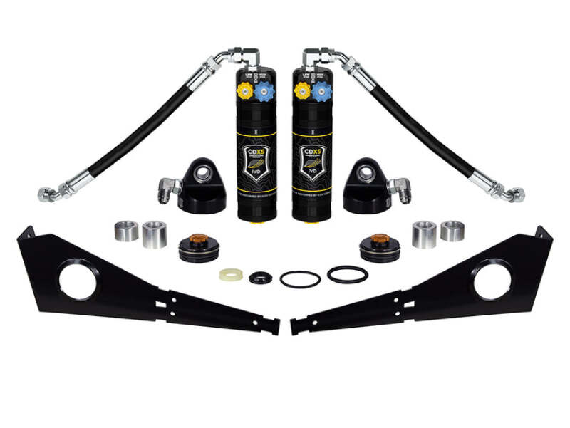 Pair of ICON front coilover shocks with CDXS upgrade kit for Tacoma, FJ, 4Runner, and GX models, showing the shock absorbers' details.