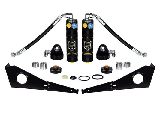 Pair of ICON front coilover shocks with CDXS upgrade kit for Tacoma, FJ, 4Runner, and GX models, showing the shock absorbers' details.