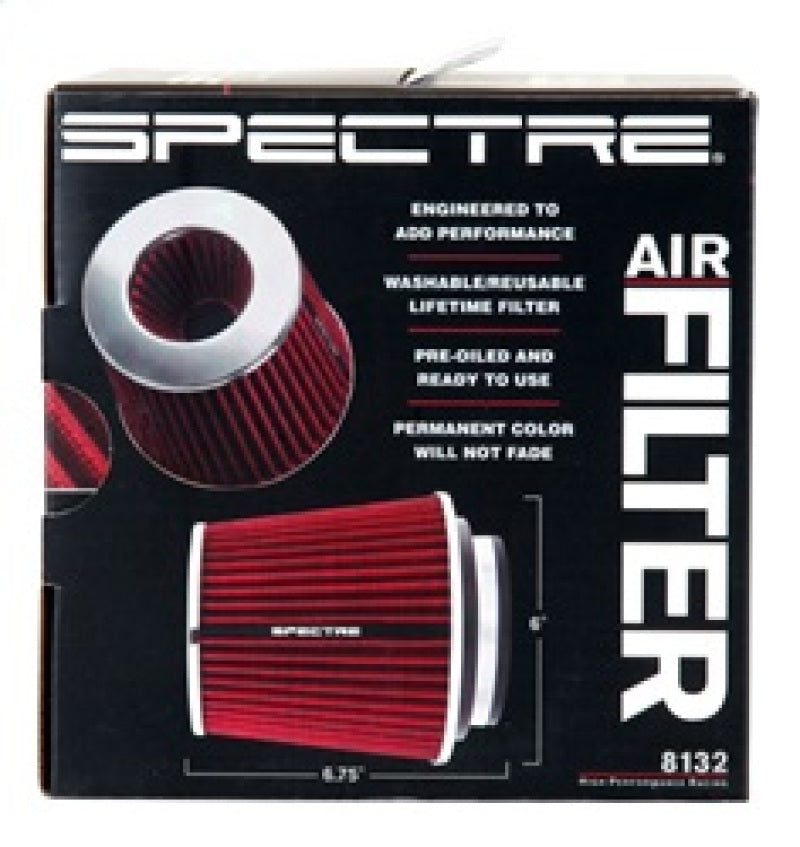 Spectre adjustable conical air filter, red, 5-1/2 inches tall, fits 3-4 inch tubes, universal fit for automotive air intake systems.