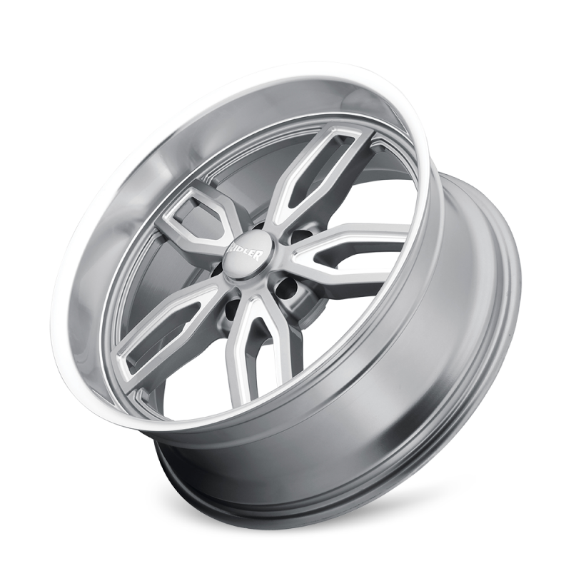 Ridler 608 cast wheel in gloss grey milled finish, 18x8 inches, 5x114.3 bolt pattern, 0mm offset, 72.62mm hub.