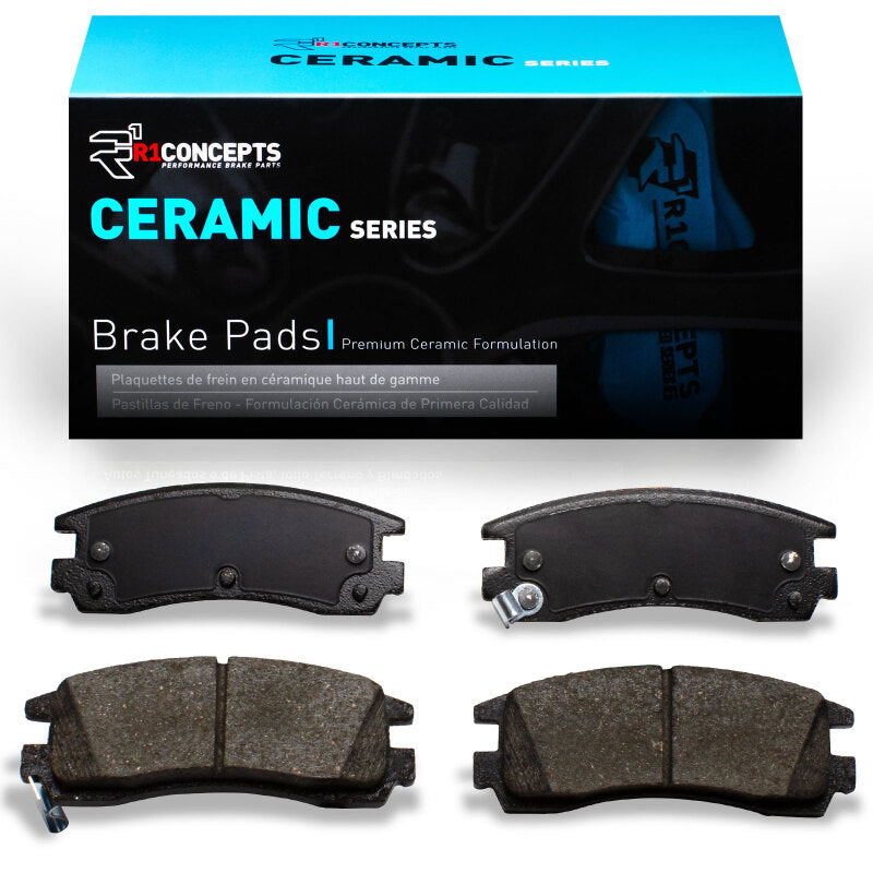 R1 Concepts OE ceramic brake pads for rear of Buick Regal R1 91-05, showing the brake pad set with metal backing plates.