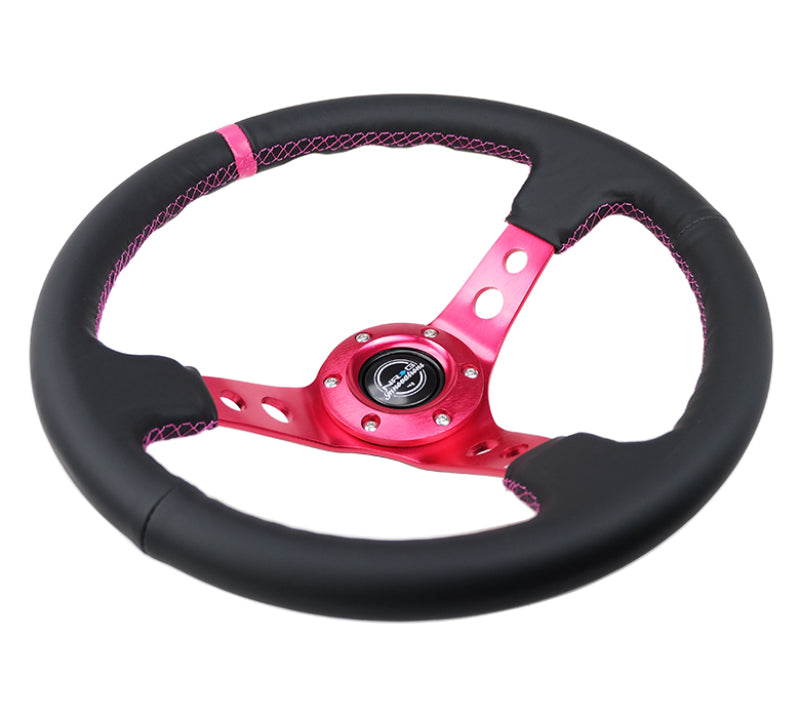 NRG reinforced 350mm black leather steering wheel with fuchsia center mark and stitching for race or street cars.