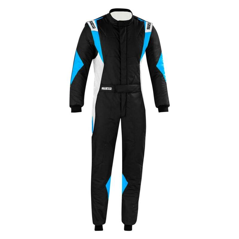 Black and blue Sparco Superleggera racing suit for men, lightweight racing suit with SPARCO branding and racing details.