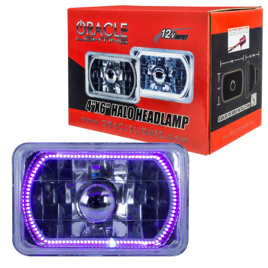 Oracle Lighting 4x6 inch sealed beam headlights with UV purple halo, featuring pre-installed lights for enhanced vehicle visibility.