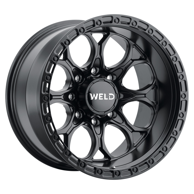 Weld Ledge 8 20x10 non-Black Satin Black cast wheel with 8x170 bolt pattern and 4.75 back spacing, side view showing finish and design.