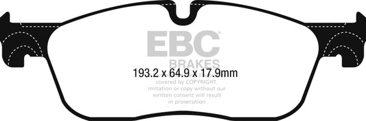 EBC Redstuff front brake pads for Jaguar F-Pace 2.0L TD 2016+ performance braking system, showing red friction material and metal backing plate.