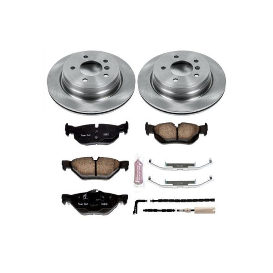 PowerStop OE rear brake kit for BMW 328i (2007-2010) with brake rotors and pads for enhanced stopping performance.