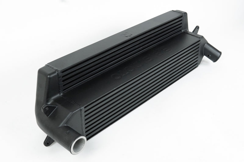 Black CSF intercooler for Hyundai Veloster N and i30 N, stepped core design, high-performance turbocharged engine cooling.