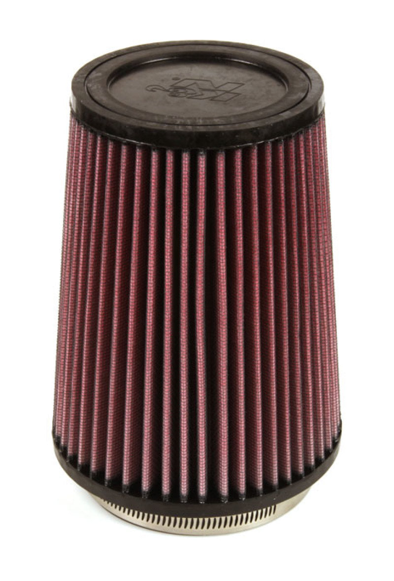 K&N Engineering universal rubber air filter with 4-inch flange, 7-inch height, and 5 3/8-inch base for vehicle filtration.