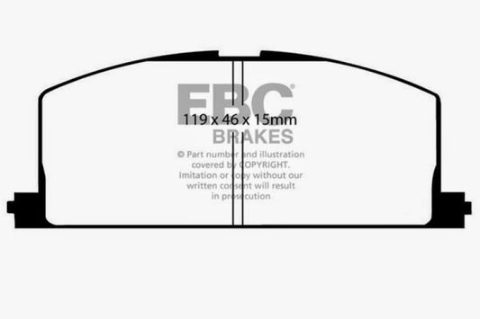 EBC Redstuff performance front brake pads for 1983-1986 Toyota Camry 2.0, showing the red brake pad material and metal backing plate.