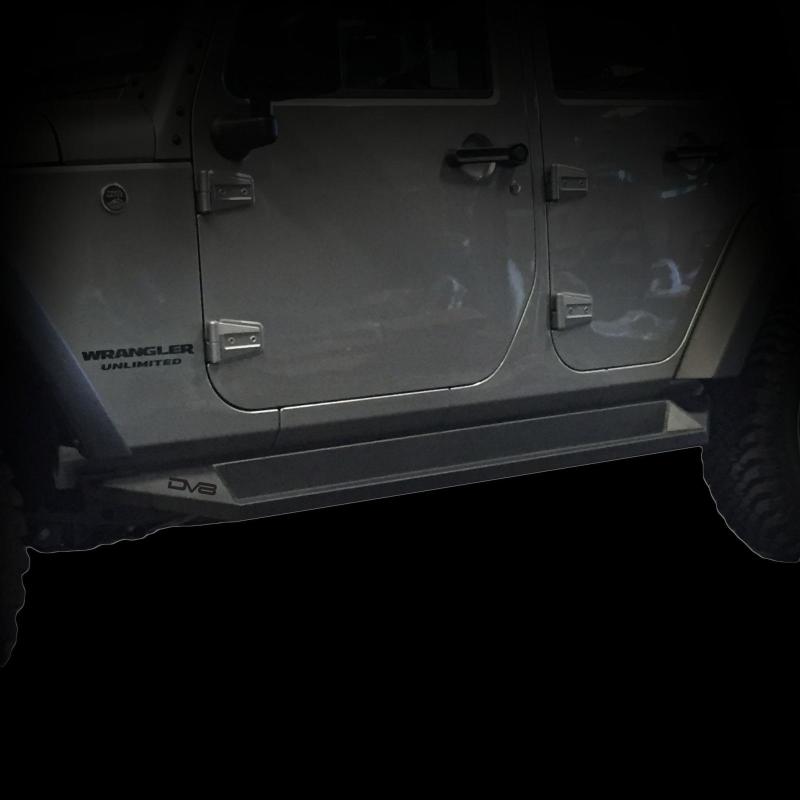 DV8 Offroad matte black steel rock slider side steps for 2007-2018 Jeep Wrangler JK 4-door, mounted along vehicle sides.
